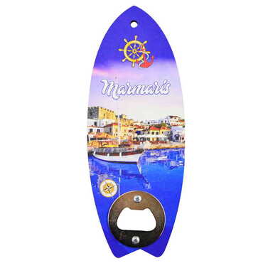 Marmaris Themed Surf Board Shaped Printed MDF Wooden Bottle Opener 185x72 mm - Thumbnail