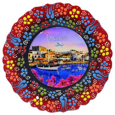 Marmaris Themed Turkish Ceramic Plate With Epoxy 12 Cm - Thumbnail