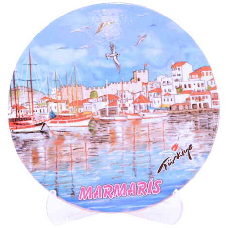 Marmaris Themed Turkish Ceramic Turkey Themed Round Trivet 110 mm