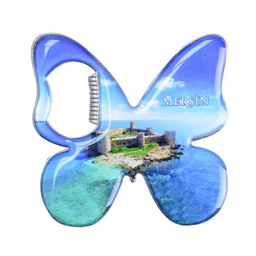 Mersin Themed Butterfly Shaped Metal Magnetic Bottle Opener 70x70 mm - Thumbnail