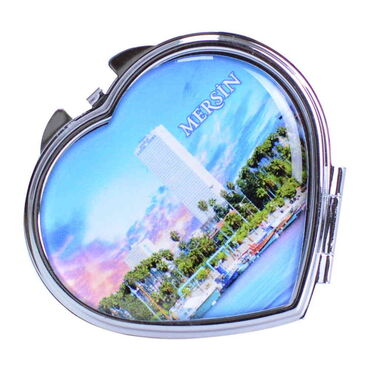 Mersin Themed Customised Metal Epoxy Travel Make Up Compact Heart Shaped Mirror 70x65x8 mm - Thumbnail