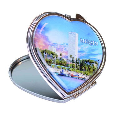 Mersin Themed Customised Metal Epoxy Travel Make Up Compact Heart Shaped Mirror 70x65x8 mm - Thumbnail