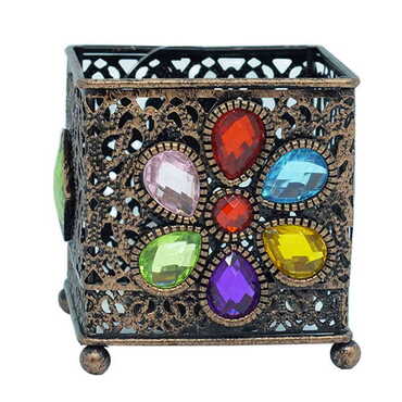 Myros - Metal Kare Taşlı Mumluk 65x65x75 mm