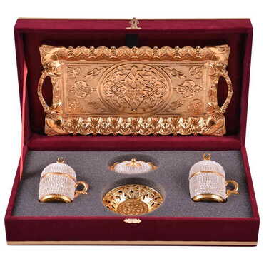 Metal Turkish Swaroski Gold Coffee Cup Set Of 2 With Velvet Gift Box - Thumbnail