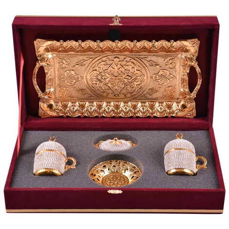 Metal Turkish Swaroski Gold Coffee Cup Set Of 2 With Velvet Gift Box