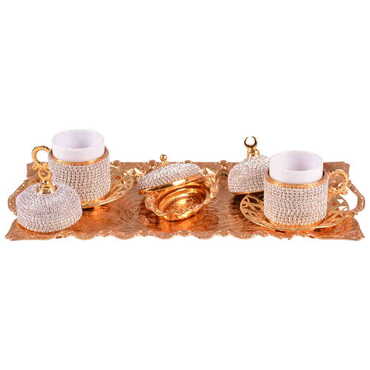 Metal Turkish Swaroski Gold Coffee Cup Set Of 2 With Velvet Gift Box - Thumbnail