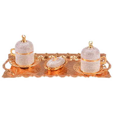 Metal Turkish Swaroski Gold Coffee Cup Set Of 2 With Velvet Gift Box - Thumbnail