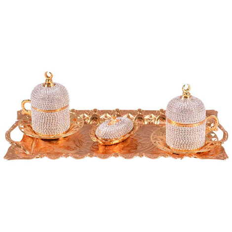 Metal Turkish Swaroski Gold Coffee Cup Set Of 2 With Velvet Gift Box