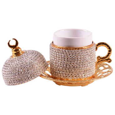 Metal Turkish Swaroski Gold Coffee Cup Set Of 2 With Velvet Gift Box - Thumbnail