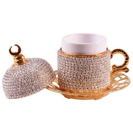 Metal Turkish Swaroski Gold Coffee Cup Set Of 2 With Velvet Gift Box