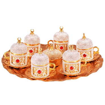 Metal Turkish Swaroski Gold Coffee Cup Set Of 6 With Velvet Gift Box - Thumbnail