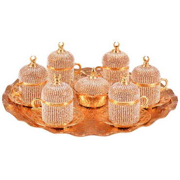 Metal Turkish Swaroski Gold Coffee Cup Set Of 6 With Velvet Gift Box - Thumbnail