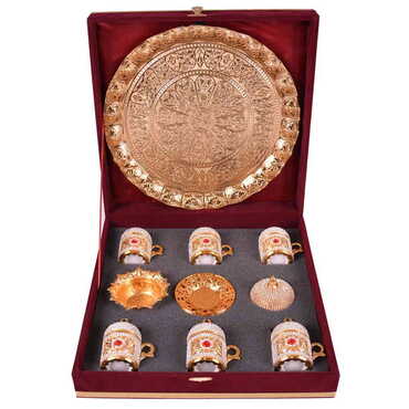 Metal Turkish Swaroski Gold Coffee Cup Set Of 6 With Velvet Gift Box - Thumbnail