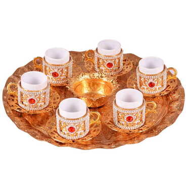 Metal Turkish Swaroski Gold Coffee Cup Set Of 6 With Velvet Gift Box - Thumbnail