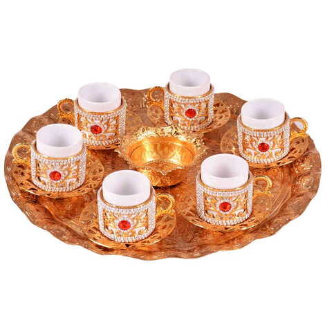 Metal Turkish Swaroski Gold Coffee Cup Set Of 6 With Velvet Gift Box