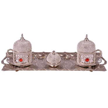 Myros - Metal Turkish Swaroski Silver Coffee Cup Set Of 2 With Velvet Gift Box