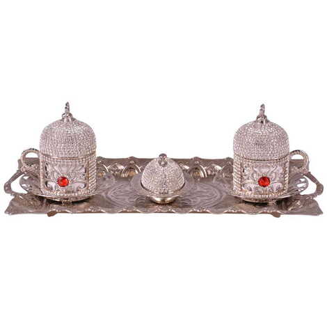 Metal Turkish Swaroski Silver Coffee Cup Set Of 2 With Velvet Gift Box