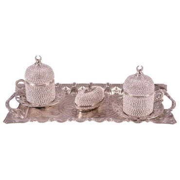 Metal Turkish Swaroski Silver Coffee Cup Set Of 2 With Velvet Gift Box - Thumbnail