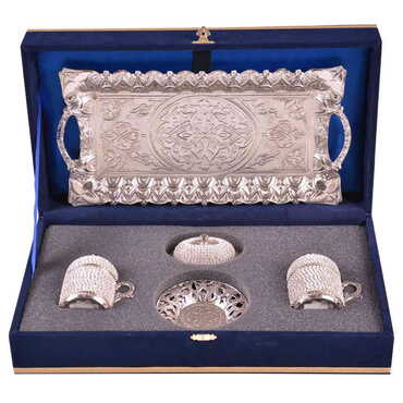 Metal Turkish Swaroski Silver Coffee Cup Set Of 2 With Velvet Gift Box - Thumbnail