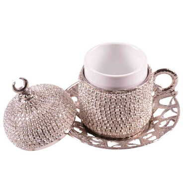 Metal Turkish Swaroski Silver Coffee Cup Set Of 2 With Velvet Gift Box - Thumbnail