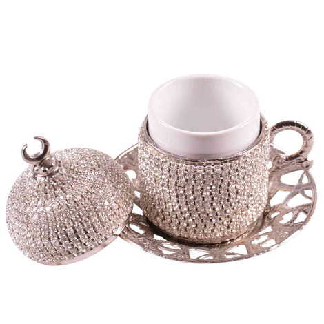 Metal Turkish Swaroski Silver Coffee Cup Set Of 2 With Velvet Gift Box