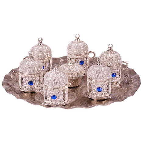 Metal Turkish Swaroski Silver Coffee Cup Set Of 6 With Velvet Gift Box