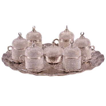 Metal Turkish Swaroski Silver Coffee Cup Set Of 6 With Velvet Gift Box - Thumbnail