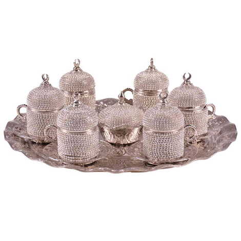 Metal Turkish Swaroski Silver Coffee Cup Set Of 6 With Velvet Gift Box