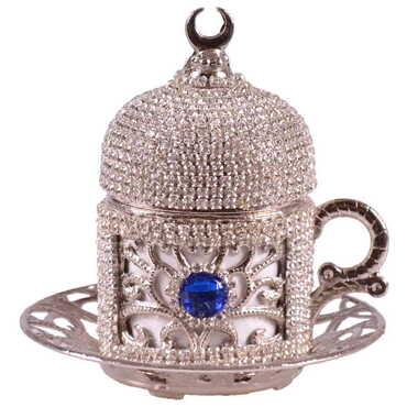 Metal Turkish Swaroski Silver Coffee Cup Set Of 6 With Velvet Gift Box - Thumbnail