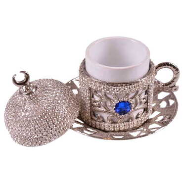 Metal Turkish Swaroski Silver Coffee Cup Set Of 6 With Velvet Gift Box - Thumbnail