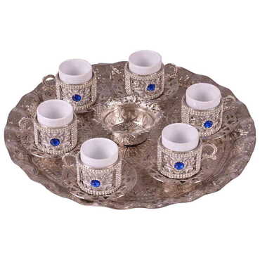 Metal Turkish Swaroski Silver Coffee Cup Set Of 6 With Velvet Gift Box - Thumbnail