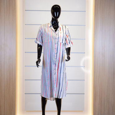 Midi Length Striped Shirt Dress - Thumbnail