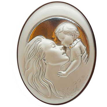 Myros - Mother And Baby With Bi-Laminated Silver Plaque And Wooden Back Desktop Decor 80x110 mm