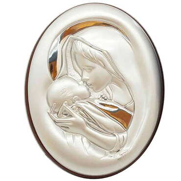 Myros - Mother And Baby With Bi-Laminated Silver Plaque And Wooden Back Desktop Decor 81x110 mm