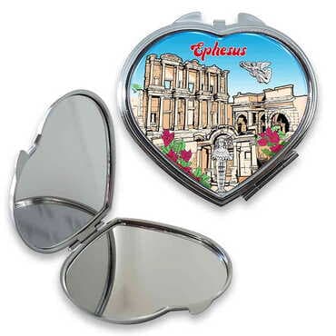 Museum Themed Customised Metal Epoxy Travel Make Up Compact Heart Shaped Mirror 70x65x8 mm