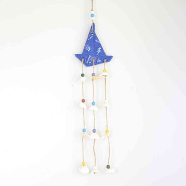 Myros - Nautical Sea Shell Mavi Color Boat Shaped Three Hanging Detailed Wind Chime