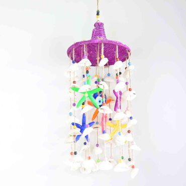 Myros - Nautical Sea Shell Mor Color Straw Hat Shaped Multi Hanging Detailed Wind Chime