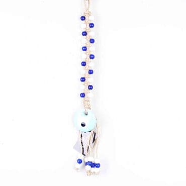 Evil Eye Macrame Light Blue Color Oval Shaped Mavi White Bead Knitted Detailed Wall Hanging