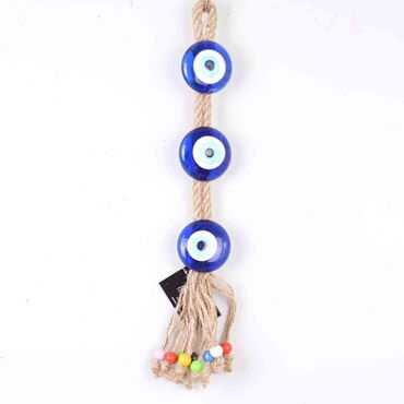 Evil Eye Macrame Three Bead Shaped Tassel Detailed Wall Hanging