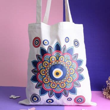 Toptan Nazar Temalı Ham Renkli Bez Çanta 400x350 mm