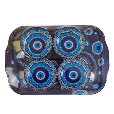 Nazar Themed Large Metal Tray with Four Bowl Set - Myros