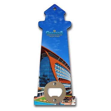 Hotel Themed Lighthouse Shaped Printed MDF Wooden Bottle Opener 188x77 mm