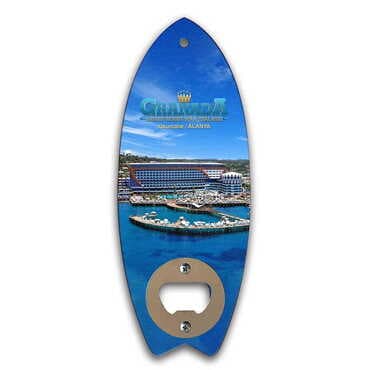Hotel Themed Surf Board Shaped Printed MDF Wooden Bottle Opener 185x72 mm