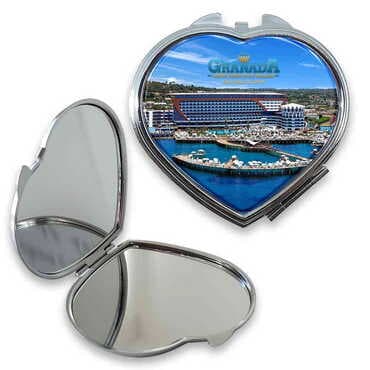 Hotel Themed Customised Metal Epoxy Travel Make Up Compact Heart Shaped Mirror 70x65x8 mm