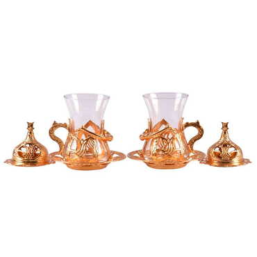 Ottoman Style Metal Gold Turkish Tea Cup Set Of 2 pcs - Thumbnail