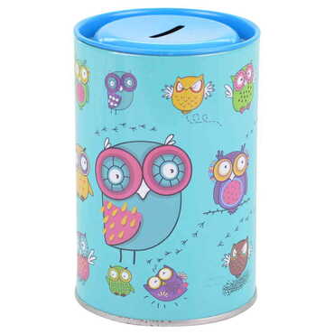 Owl Themed Customised Kids Tin Round Coin Box 83x83x125 mm - Thumbnail