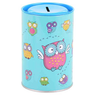 Owl Themed Customised Kids Tin Round Coin Box 83x83x125 mm - Thumbnail