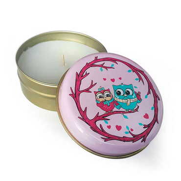 Owl Themed Metal Tin Boxed Scented Love Candle 73x35 mm - Thumbnail