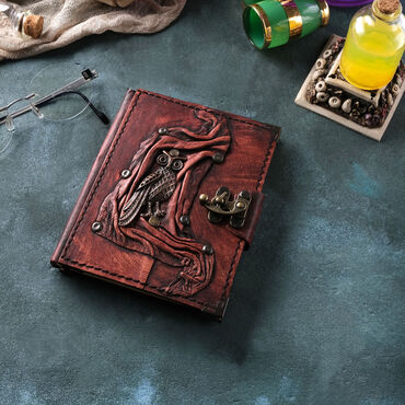 Owl Themed Small Leather Notebook - Thumbnail