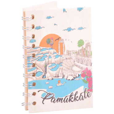 Myros - Pamukkale Temalı Ahşap Kapaklı Defter 90x140 mm